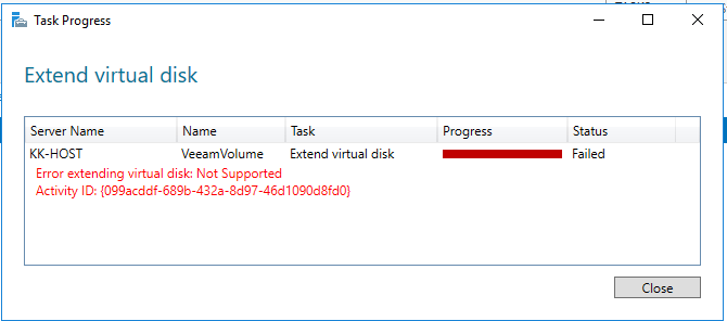 error extending volume size not supported storage spaces